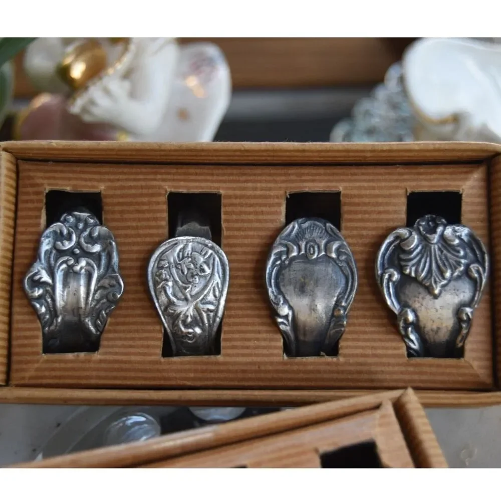 Pottery Barn Victorian Napkin Rings Silver Tone Set of 8 Boxed Ornate